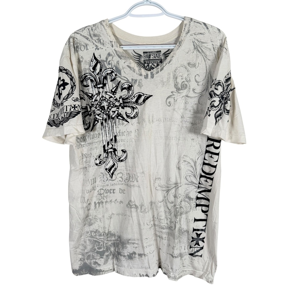 Raw State Premium Redemption T Shirt Y2K Affliction Mens XL Winged Cross Texture